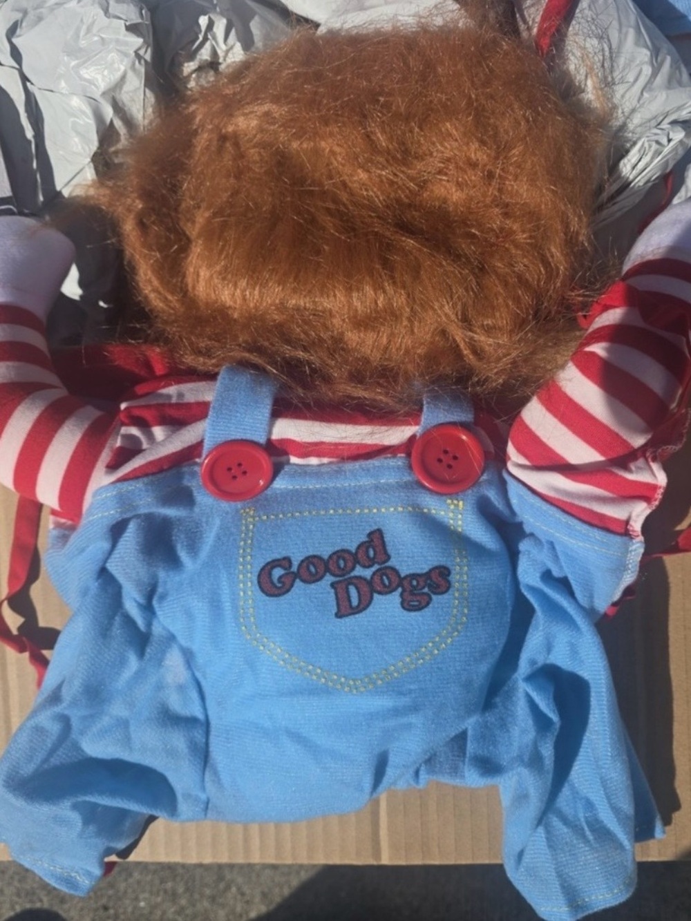 Good Dogs Chucky Halloween Pet Costume - Blue with Red Buttons